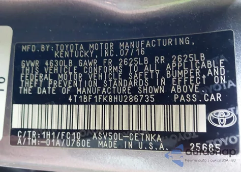 2017 Toyota Camry Le from USA, damaged, VIN 4T1BF1FK8HU286735